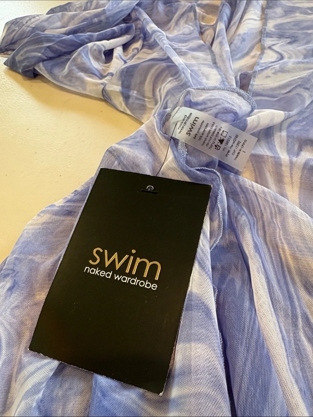 Naked Wardrobe Swim - Back on the Low Cover up dress. sheer blue. Large. NWT